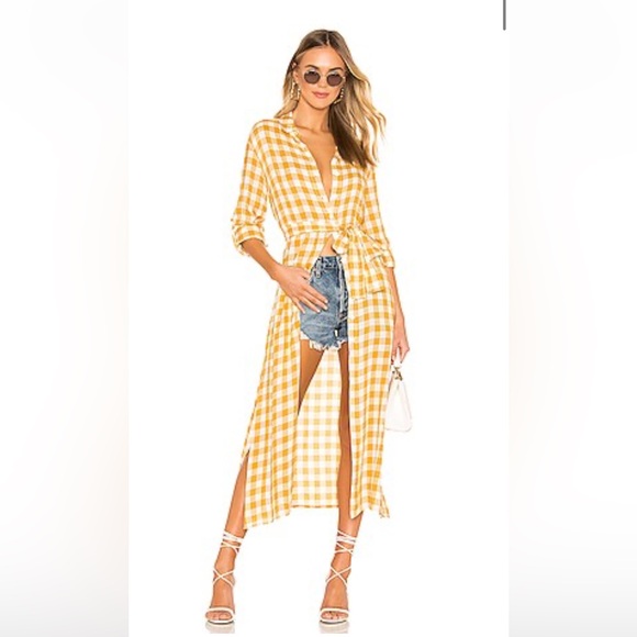 Revolve Tularosa Thea Shirt Dress‎ Long Sleeve Midi in Gingham Yellow Sz S - Picture 1 of 12